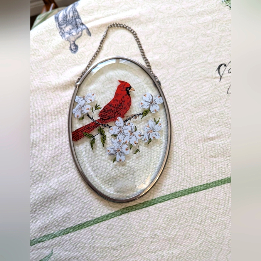 Lyford. Oval Cardinal and Floral Suncatcher,  Hanging Decor With Beveled Glass.